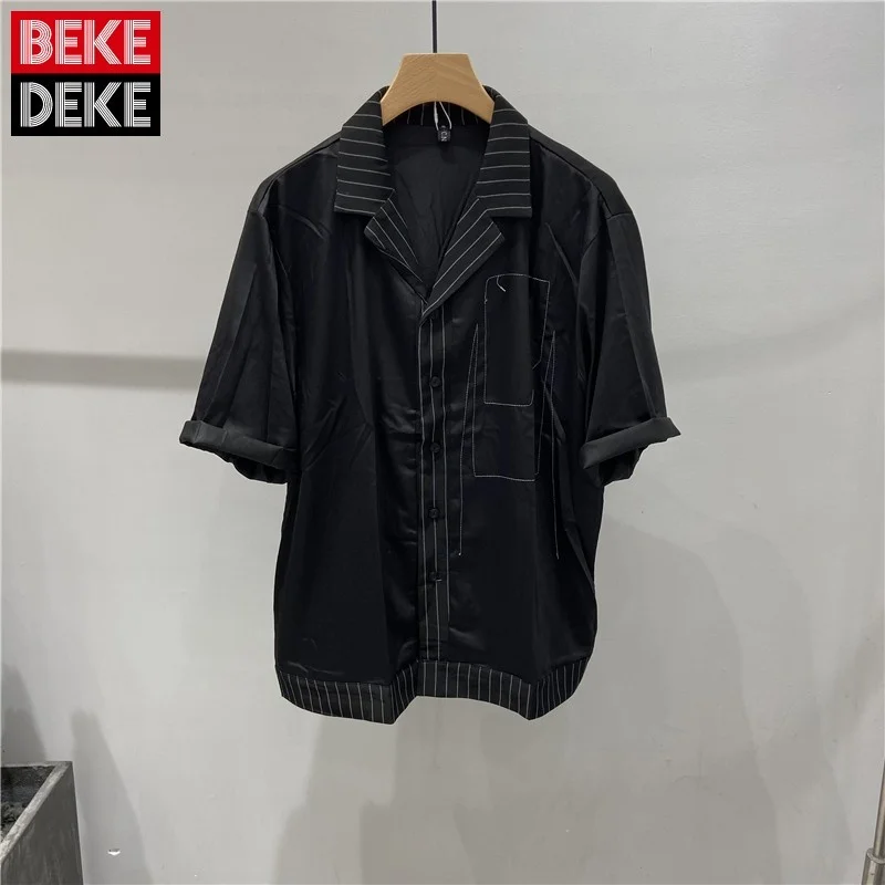 Designer Men Harajuku Thin Shirts Striped Spliced Short Sleeve Tops High Street Loose Single Breasted Black Shirts Male M-2XL