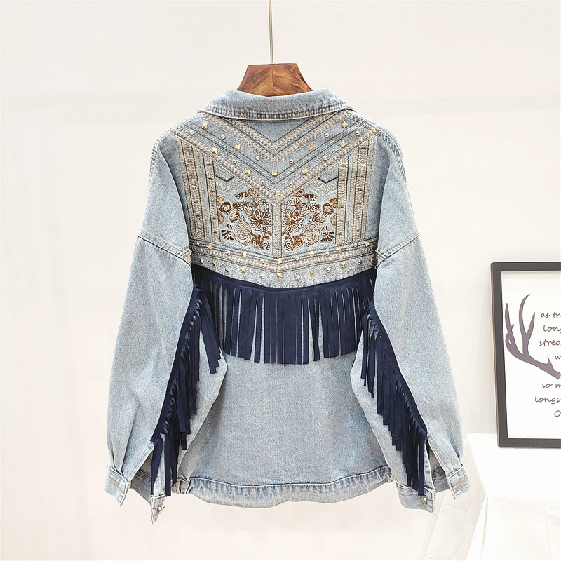 Boho Women\'s Denim Jacket 2021 Spring Vintage Floral Embroidery Suede Fringe Loose Long Sleeve Jean Jacket Casual Ropa De Mujer