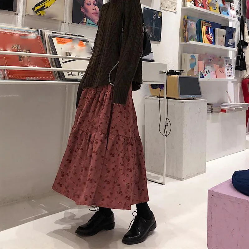 Lucyever High Waist Autumn Winter Long Skirts Women Elegant Flower Printed Midi Skirt Female Vintage Streetwear Pleated Skirt