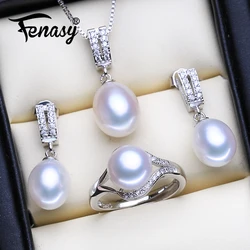 FENASY Natural Freshwater Pearl Pendant Necklaces Drop Earrings 925 Sterling Silver Rings Wedding Jewelry Sets Gifts For Women