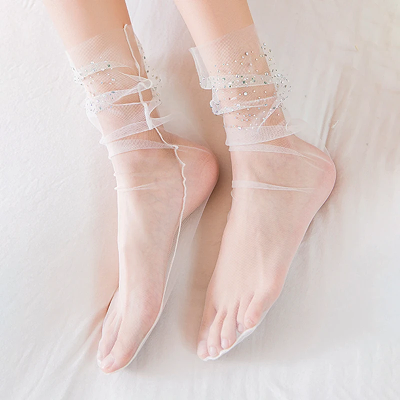 Shine Crystal Tulle Socks Women Transparent Mesh Lace Socks Female Thin Long Happy Socks Dress Sock Streetwear calcetines mujer