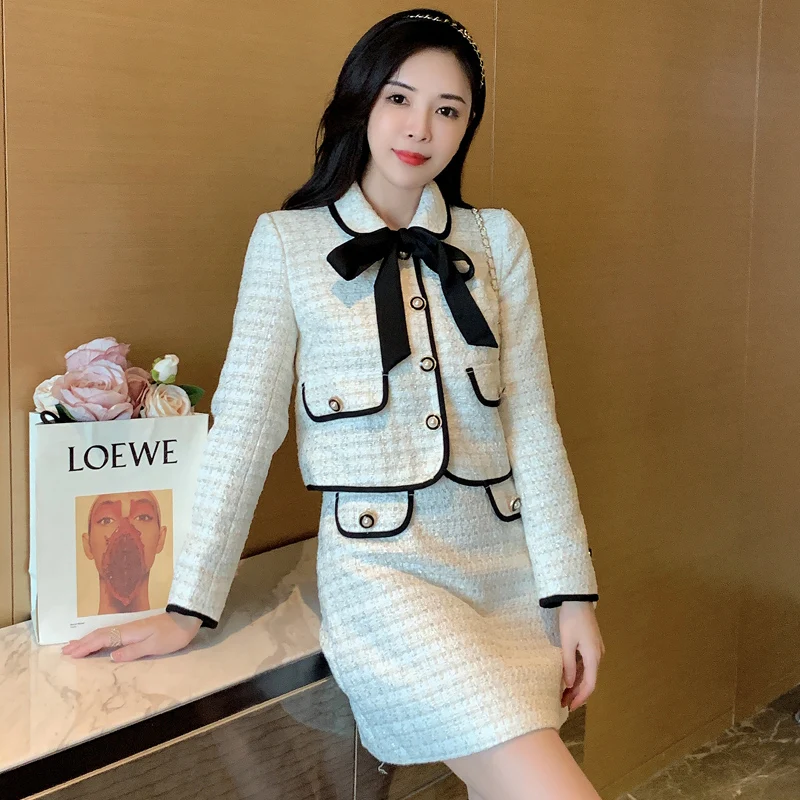 Runway Autumn Winter Tweed Two Piece Set Women Bowknot Lace-Up Woolen Short Jacket Coat + Casual A Line Skirt Suits