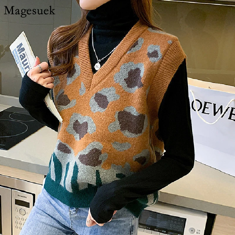 Sleeveless Knitted Jumpers Sweater Vest Autumn and Winter New Loose Knit Vest Tops Wool V Neck Leopard Pullover Sweaters 16829