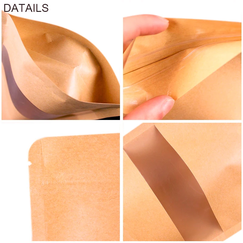 50pcs Kraft Paper Bags Zip Lock Brown With Window Stand Up Resealable Grip Ziplock Pouches Tea Coffee Bean Candy Packaging Food