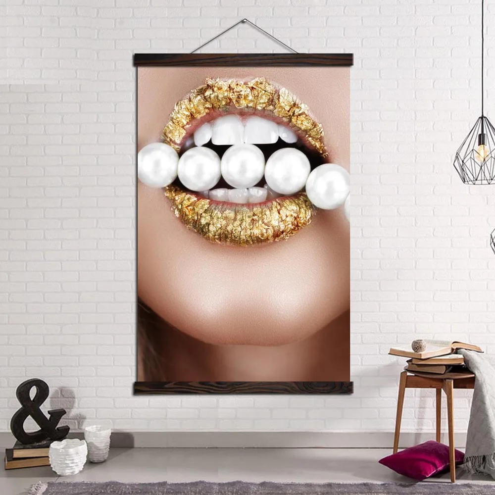 Fashion Lady Gold Lips Makeup Prints and Posters Canvas Art Painting Wall Picture Modern Goden Girl Decoration