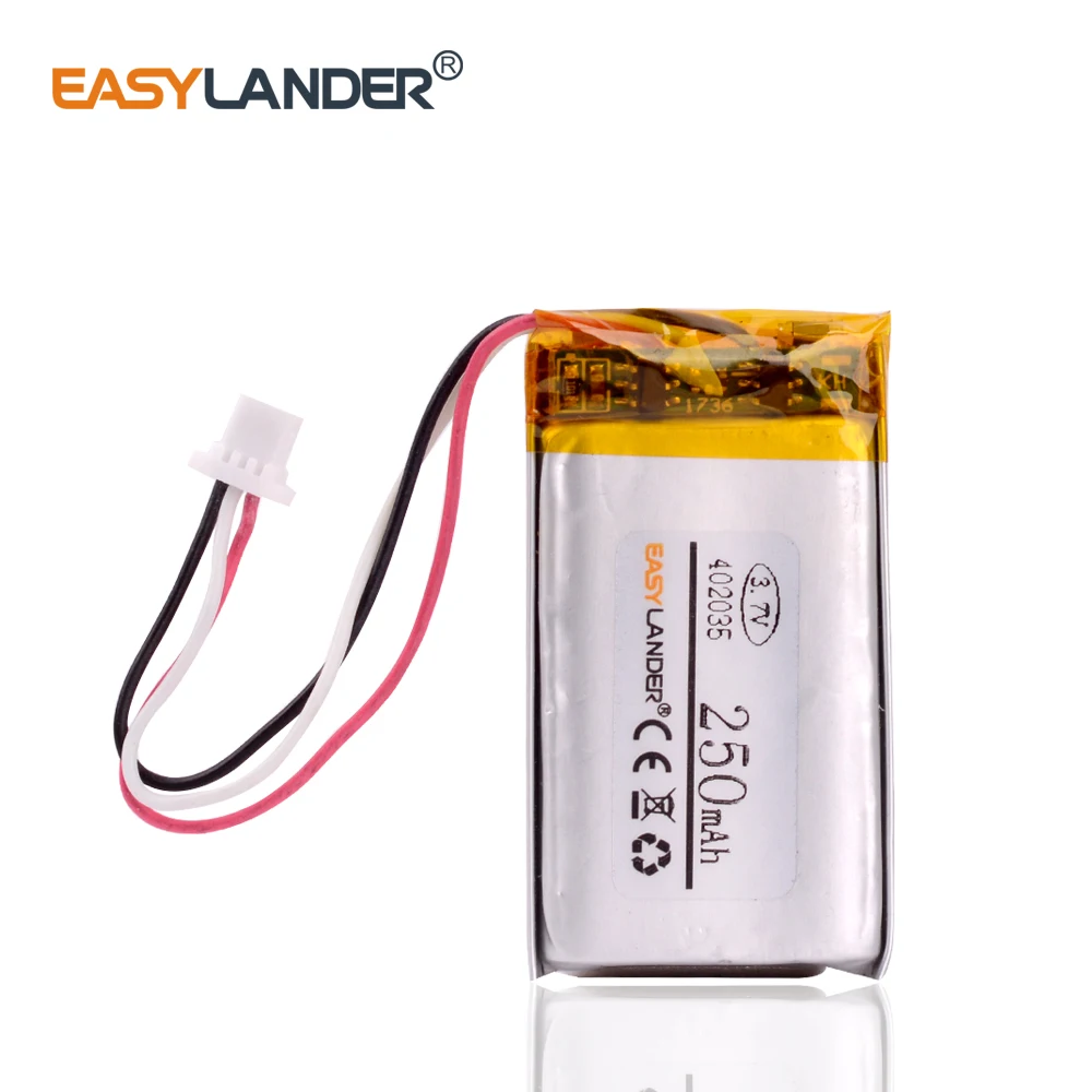 3.7V 250mAh 402035 JST 1.0mm 3Pin Rechargeable Lithium Li-ion Polymer Battery for Handheld GPS Mp3 Yi Smart Dash Camera DVR