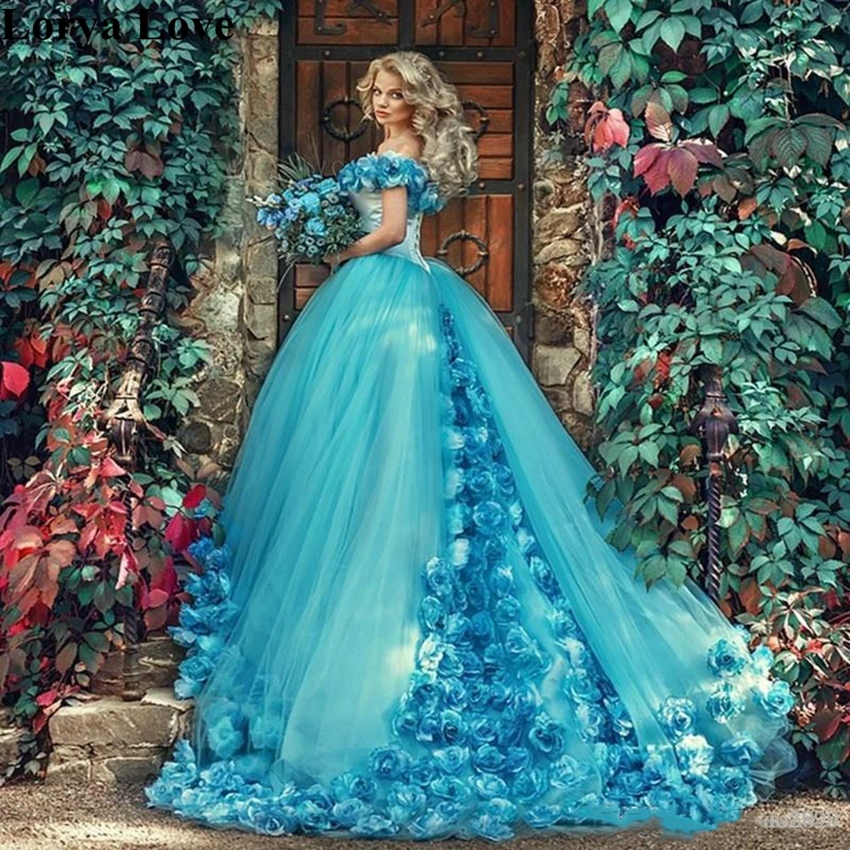 2021 Light Blue Quinceanera Dresses Ball Gown Tulle 15 anos Flowers Fluffy Off The Shoulder Evening  Sweet 18 Prom Dress