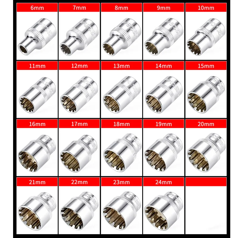 3/8 "Square Drive 12 Point Socket Bit 6-24mm chiave a cricchetto 12 denti chiave a bussola strumento manuale riparazione Auto Auto multifunzione