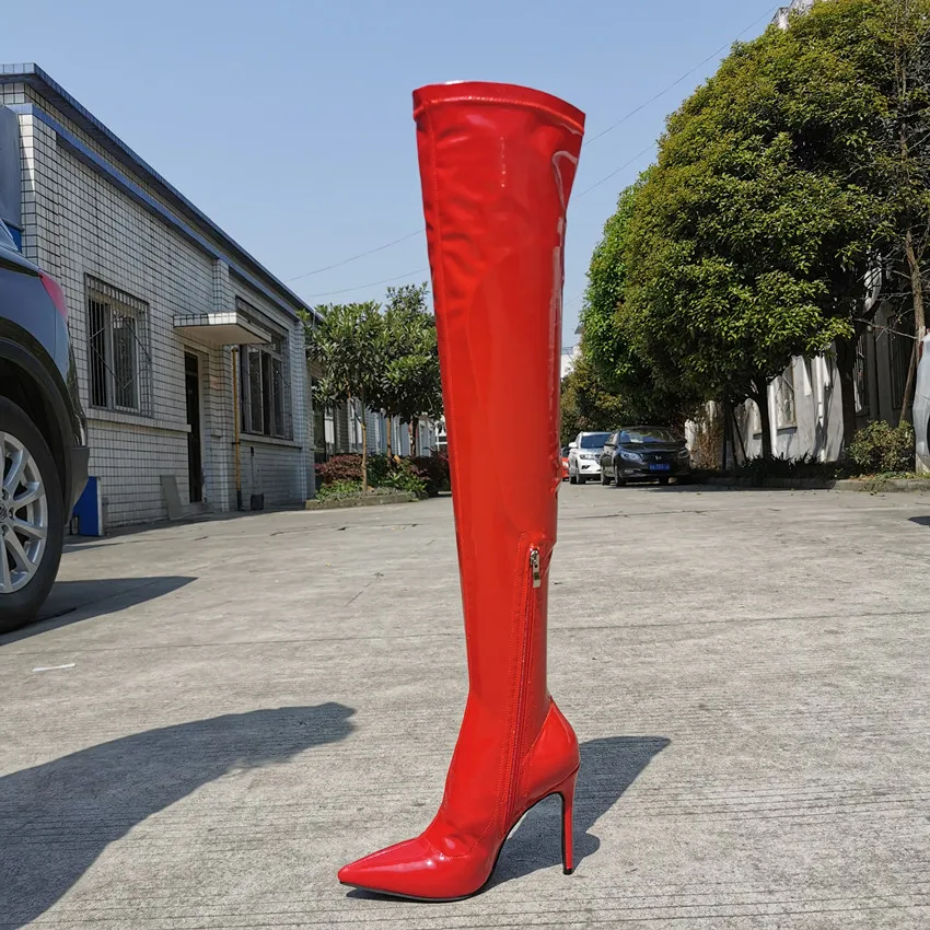 

Super Sexy ladies Over-the-Knee Women Boot Pointed Toe Patent Night Club High Heel Woman Thigh Long Boots Plus Big Size US4-15