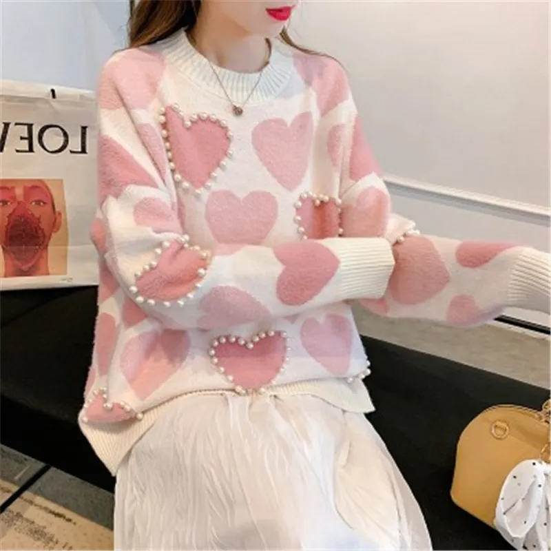 High Quality Heart Pearls Beading Sweater Women Pink Kawaii Jumpers Korean Long Sleeve Knitted Pullover Sweater Casual Knitwear