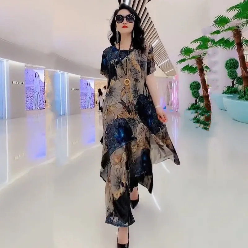New Two Piece Set Women New Fashion Ladies Printed Long Top Lady Wide-leg Pants Casual Suit 2021 Spring Summer Ensemble Femme