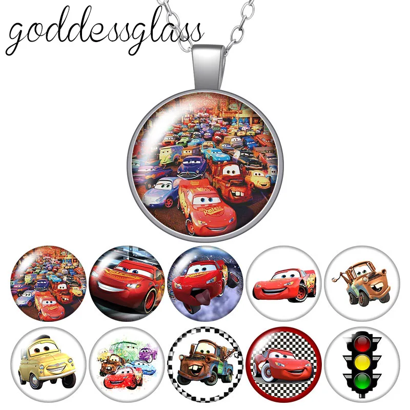 Disney Pixar McQueen Mater Jackson Matt Round Glass glass cabochon silver plated/Crystal pendant necklace jewelry Gift