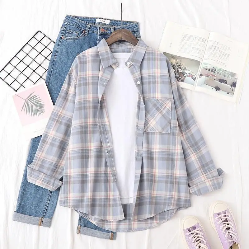 Blouse Women Shirt Spring Summer Plaid Women\'s Long Sleeve Loose Top Shirt Coat Blusas Mujer De Moda