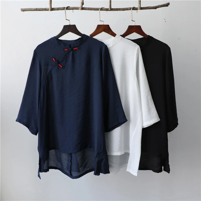 

Women Cotton Linen Zen Tea Short Sleeve Qipao Tops Chinese Style Retro Cheongsam Blouse Shirt Tang Suit Blouse Oriental Clothing