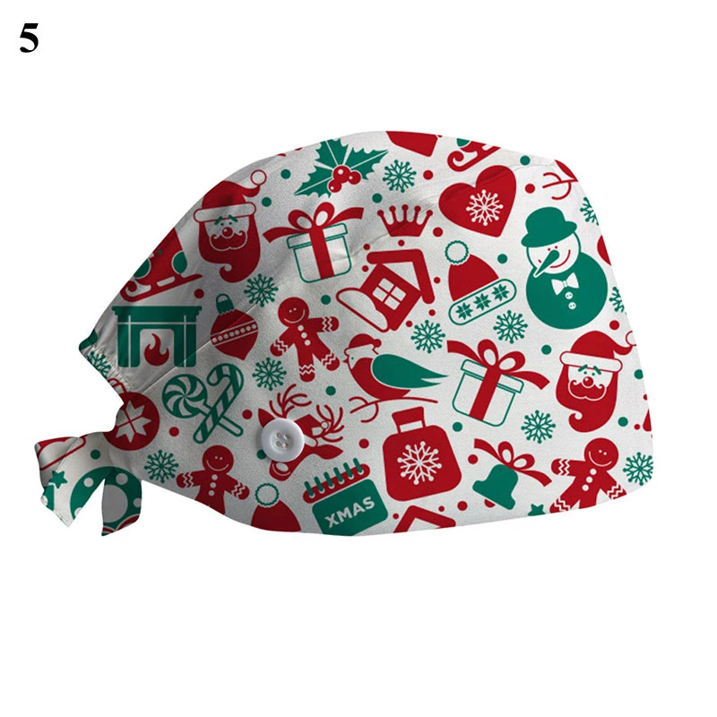 2022 Scrub Cotton Nurse Hat Floral Bouffant Sanitary Cap with Sweatband Cartoon Printing Nursing Confortable Hat Christmas Hat