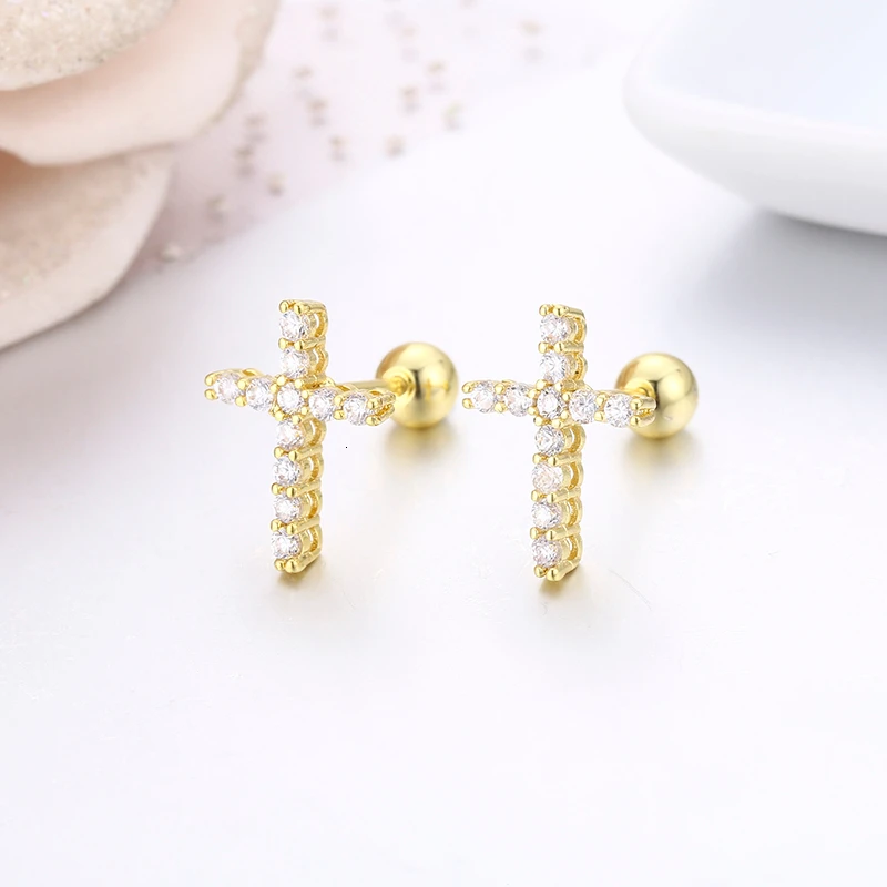 Cute Cross Full Cubic Zircon Small Screw Back Stud Earrings For Women Girls Gold Color Piercing Jewelry Aros Oorbellen