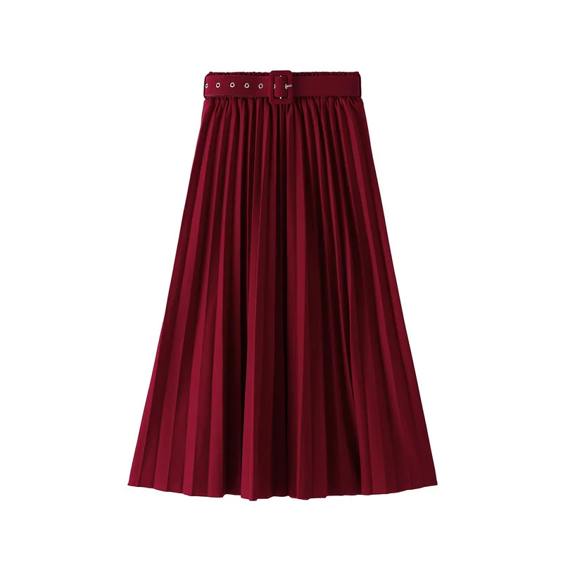 Women Autumn Elegant Solid Color Midi Pleated Skirts With Belt Fashion Girls Spring Streetwear High Waist Casual Skirt DS274