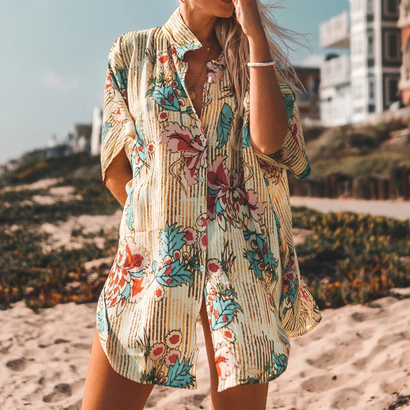 

Women Boho Loose Bikini Cover Ups Tunic Kaftan Beach Dress Robe De Plage Cotton Pareo Wrap Shirt Beach Cover Up