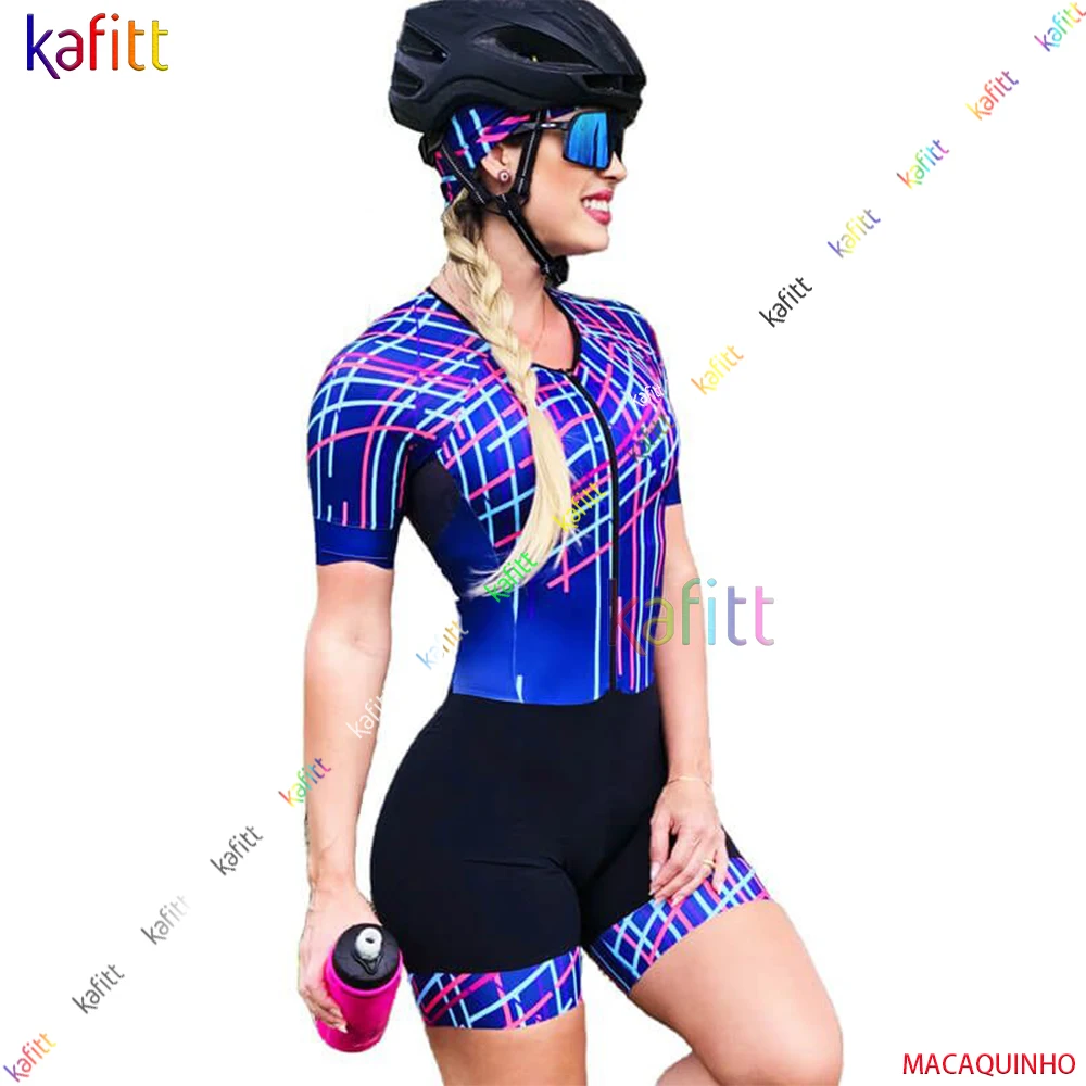 

Kafitt Women's Blue Short Sleeve Cycling Clothes Triathlon Skinsuit Sets Macaquinho Ciclismo Feminino Bike Jumpsuit Kits 20D Pad