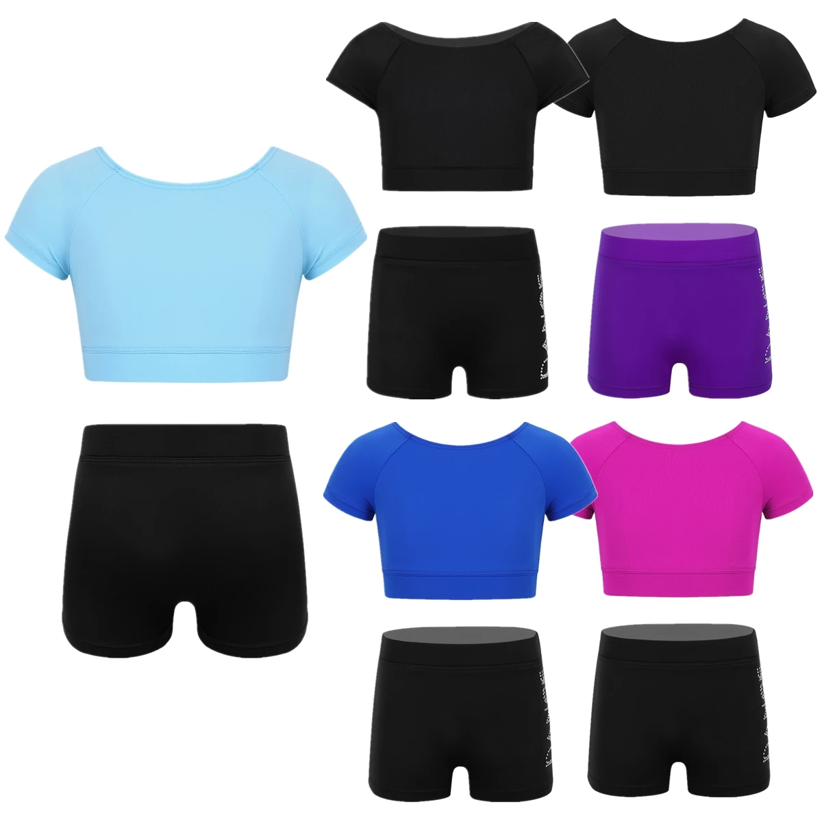 Girls Black Short Sleeve Tankini Crop Top Shorts Set Child Ballet Dance Sports Workout Gymnastics Suits Kids Dance Wear