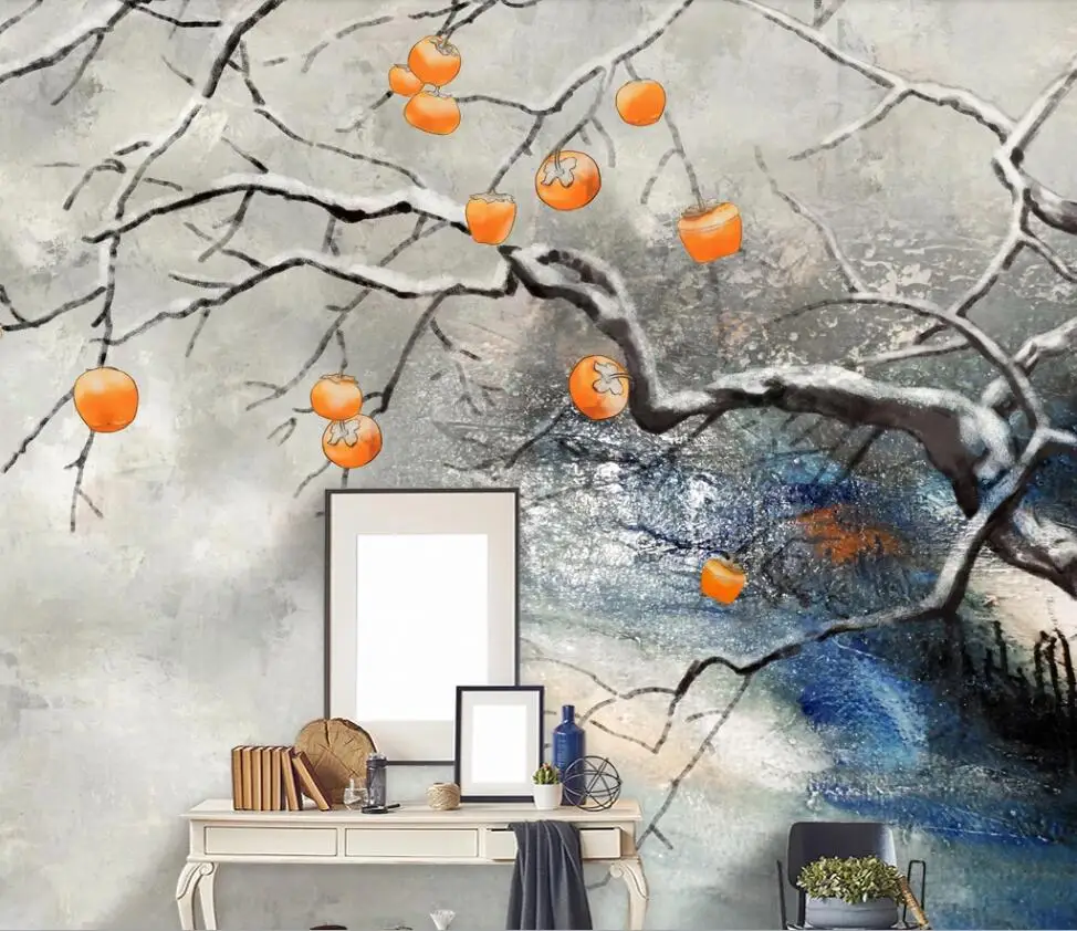 Custom wallpaper murals photo wall new Chinese style wall persimmon Ruyi hand-painted ink tree TV background wall