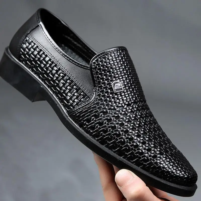 Summer New Leather Men\'s Business Formal Shoes Hollow Out Soft Men\'s Oxfords Shoes Slip on Mens Flat Dress Shoes