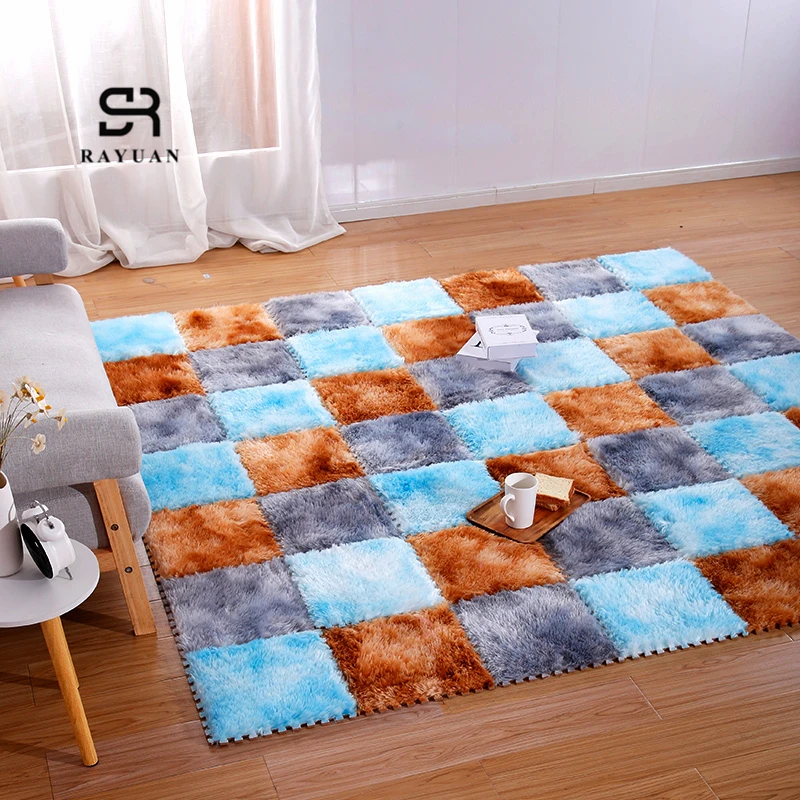 RAYUAN Foam DIY Puzzle Mat Gradient Villi Shaggy Carpet Plush Soft Area Rug Children Baby Playmat One Piece 30x30CM