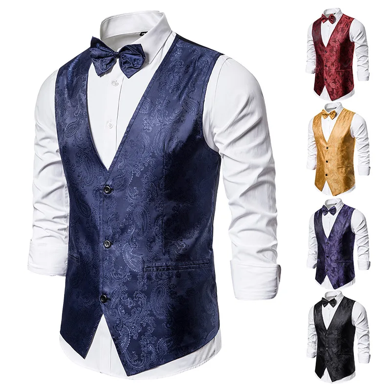 

Mens Gold Metallic Paisley Printed Vest Single Breasted V Neck Wedding Waistcoat Men Tuxedo Aristocrat Vests Party Stage Gilet