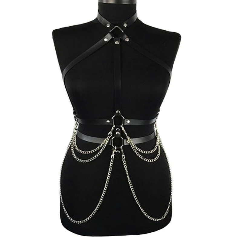 Nieuwe Sexy Vrouwen Bretels Lederen Riem Harajuku Gothic Lingerie Verstelbare Bondage Holografische Metalen Ketting Kwastje Harnas Borst