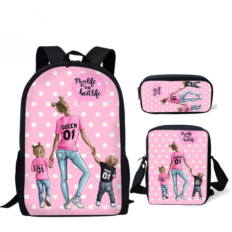 ELVISWORDS Super Mom Life Printing School Bags Set Backpack For Kids Girls Casual Schoolbag Orthopedic Rucksack Fashion Mochila