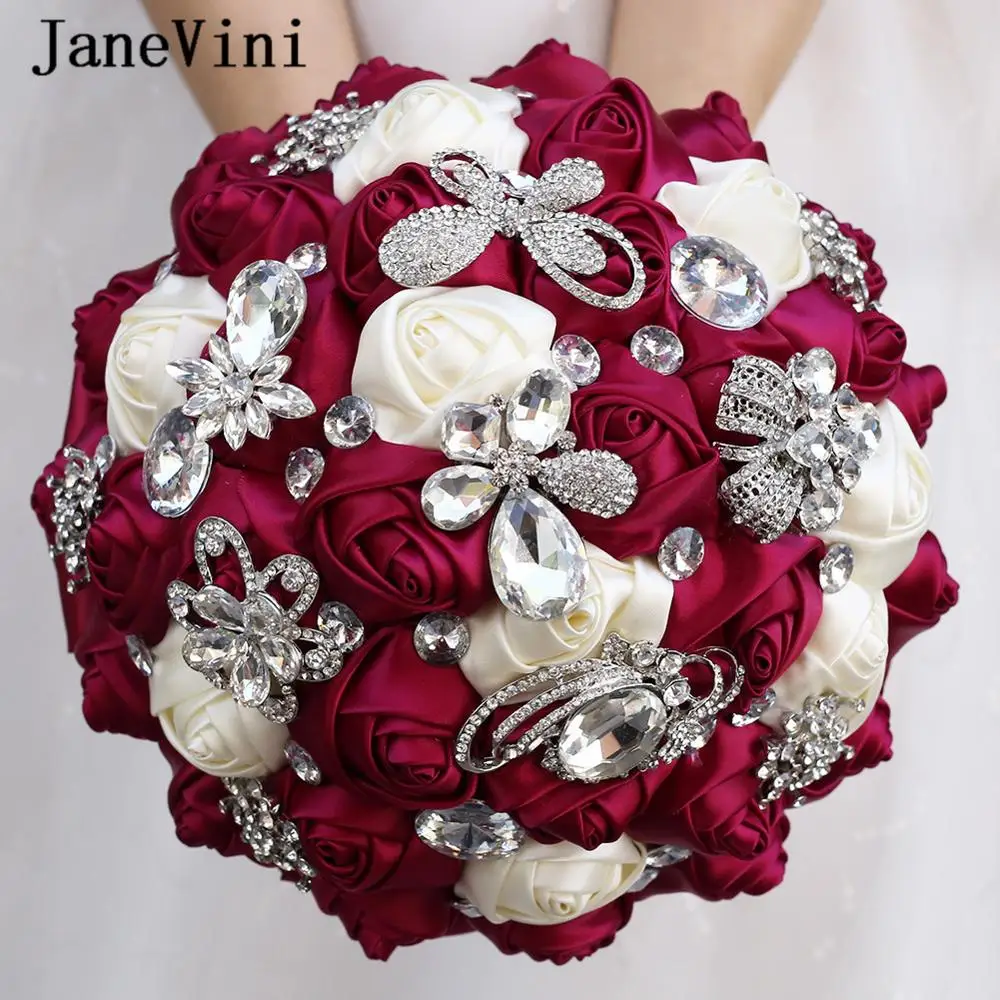 Janevini Mewah Fuchsia Berlian Buatan Bunga Pernikahan Karangan Bunga Kristal Buatan Satin Mawar Bridal Bouquet untuk Pernikahan Aksesoris