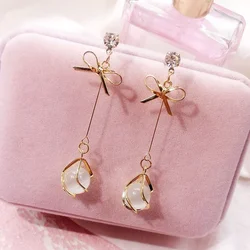 Opal Natural Stone Pendant Earrings Ladies Bowknot Long Tassel Dangle Earrings Party Wedding Earring Jewelry