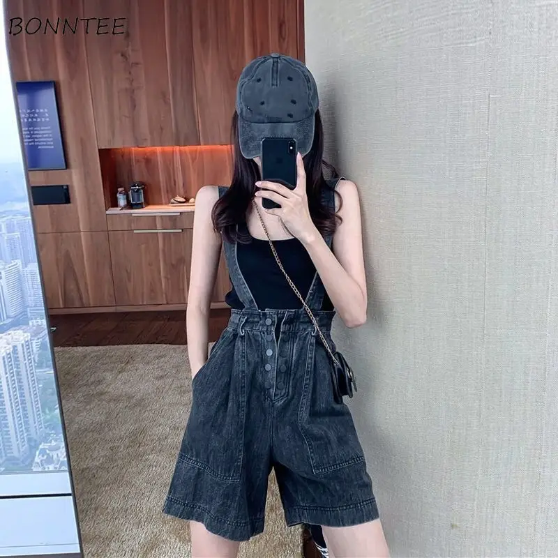 

Rompers Women Retros Denim Overalls High Waist 2021 Summer Casual Wide Leg Single Breasted Playsuits Korean Style Fashion Strap