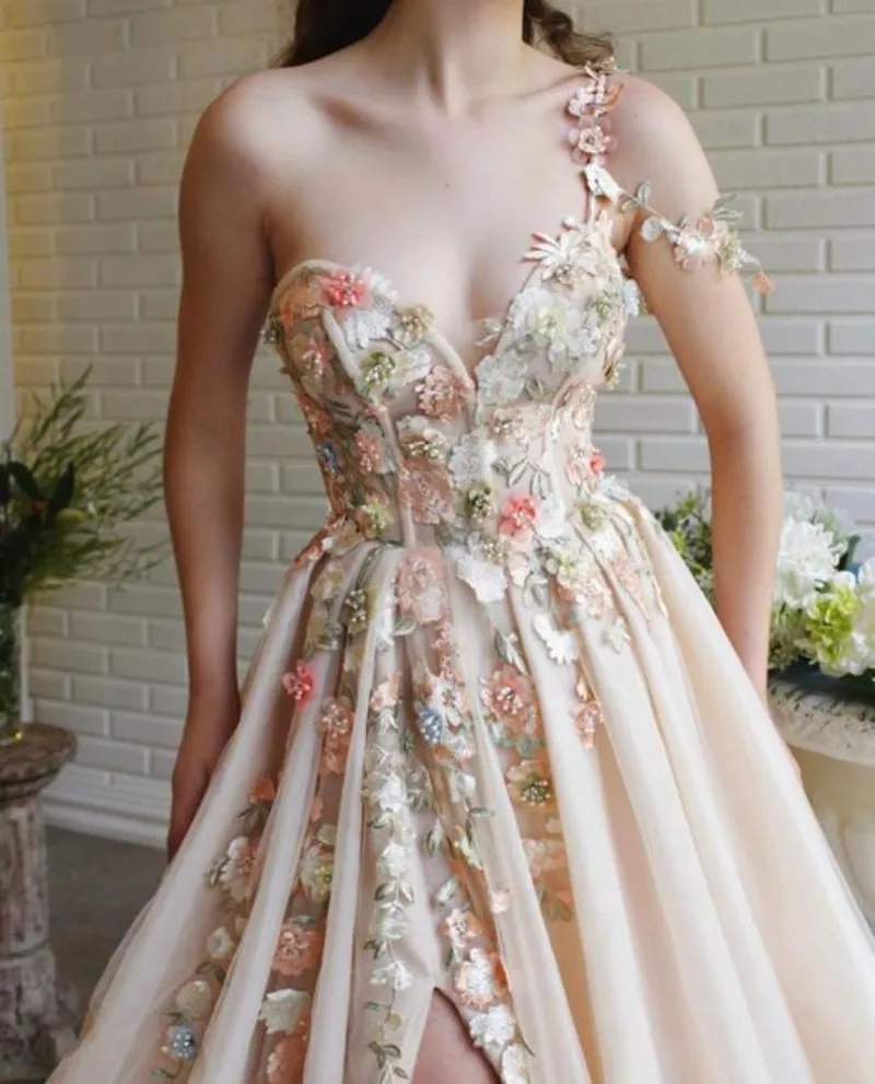 Champagne Split Appliques Flowers Prom Dresses 2023 Women Party Night Long Vestidos Gala Lace Evening Gown A-Line Robe De Soiree