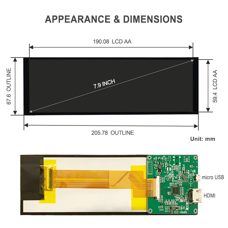 LESOWN 7.9 inch Long Stretched Bar LCD Screen Display 1280x400 HDMI USB Driver Board Monitor for Gaming PC Raspberry Pi Windows