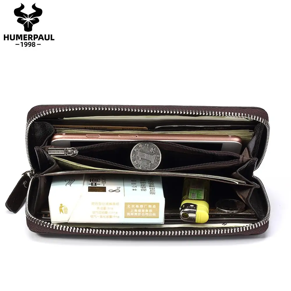 HUMERPAUL Genuine Leather Wallet RFID Blocking Clutch Bag Wallet Card Holder Coin Purse Zipper Male Long Black/Coffee Wallet