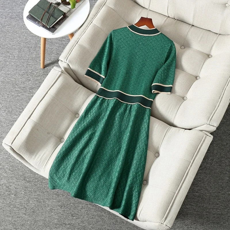 

Knitting Fashion Dress 2022 Female Single Breasted Elastic Office Ladies Elegant Dress Pockets Half Sleeve O-Neck A-Line Dresses