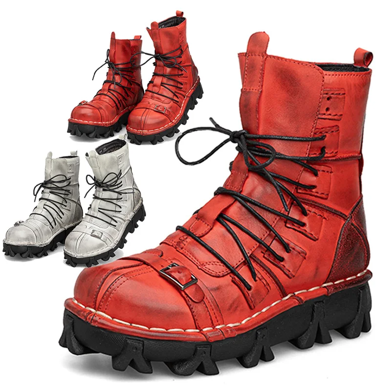 

Fashion Men's Vintage Genuine Leather Motorcycle Mid-Calf Punk Skull Boots Tactical Combat Boots Male Platform Basic Booties