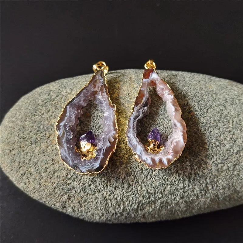 

FUWO Natural Geode Slice Pendant With Golden Plated Raw Crystal Agates With Fixed Amethysts Charm Jewelry Wholesale PD083S