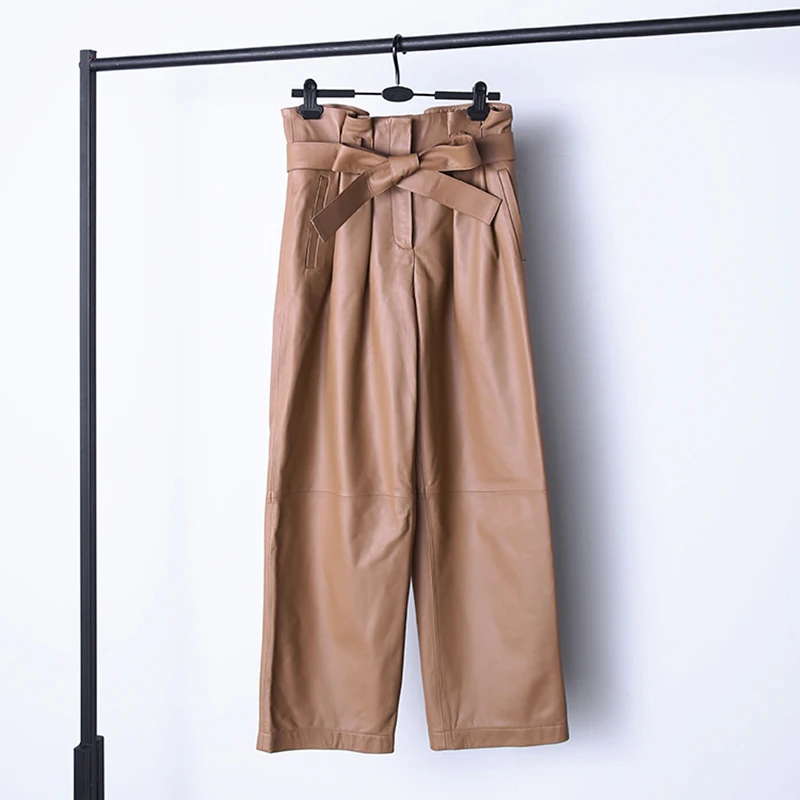 Stylish Genuine Leather Pants Women Sheepskin Bow Tie Lace High Waist Trousers Mujer Khaki/Green Straight Wide Leg Pantalon