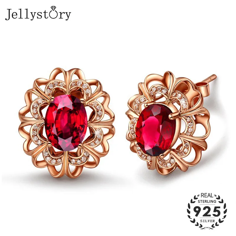 

Jellystory Elegant Earrings for Women 925 Silver Jewelry with Oval shape Ruby zircon gemstones Stud Earrings Wedding Party Gifts