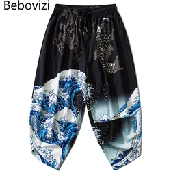Bebovizi Japanese Kimono Pants Vintage Bloom Pants Harajuku Waves Print Casual Trousers Women Men Traditional Asian Clothing