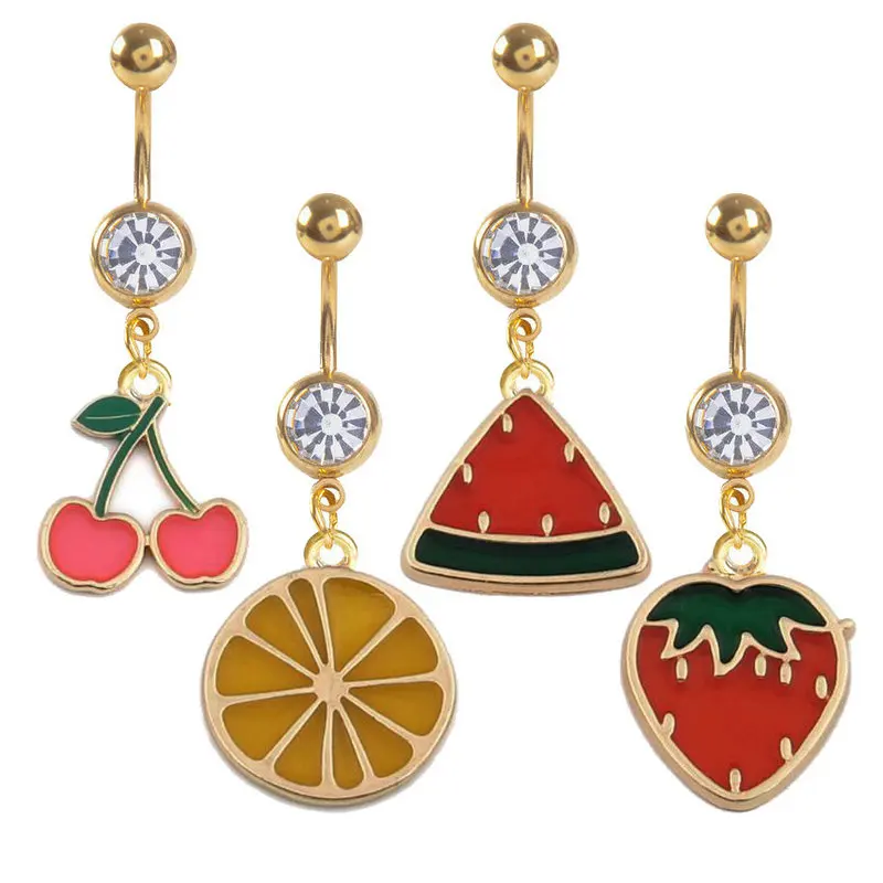 

12pcs/lot Mix Style Fruit Belly Ring Gold Anorized Belly Ring Dangle Ferido Body Piercing Jewelry