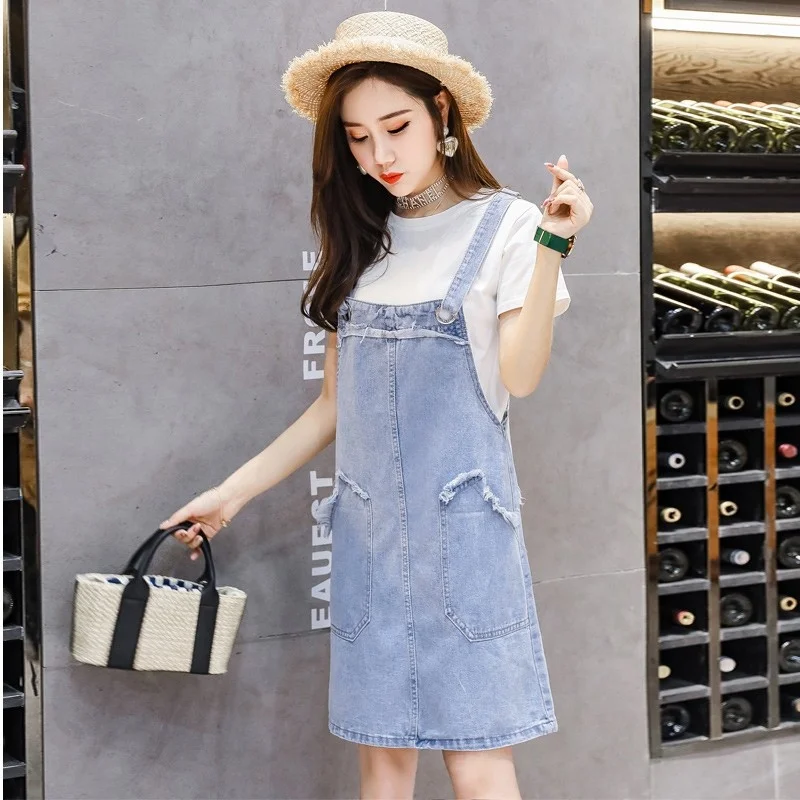 

Summer Women Kawaii Straps Dress Casual Student Girls Suspenders Denim Dresses Knee Length Tassels Pockets Streetwear Jean Dress