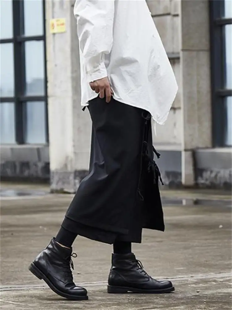 Men's Trouser Skirt Spring And Autumn New Classic Dark Personality Irregular Lacing Design Loose Large Size Wide Leg Pants