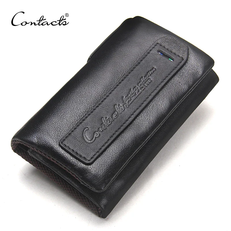 CONTACT'S Genuine Leather Men Key Wallet Small Male Purse with Coin Pocket Key Holder Man Pouch Housekeeper High Quality Keyring