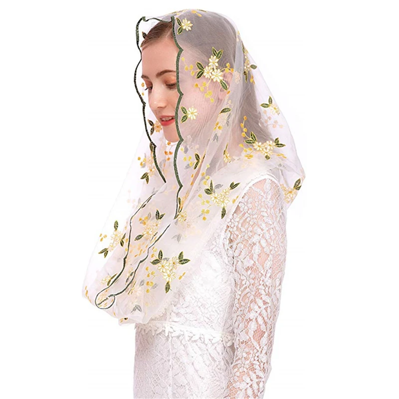 Colorful Floral Lace Mantilla Veils Catholic Headcovering For Church Chapel Yellow Red Flowers Women Head wraps D shape Spanish