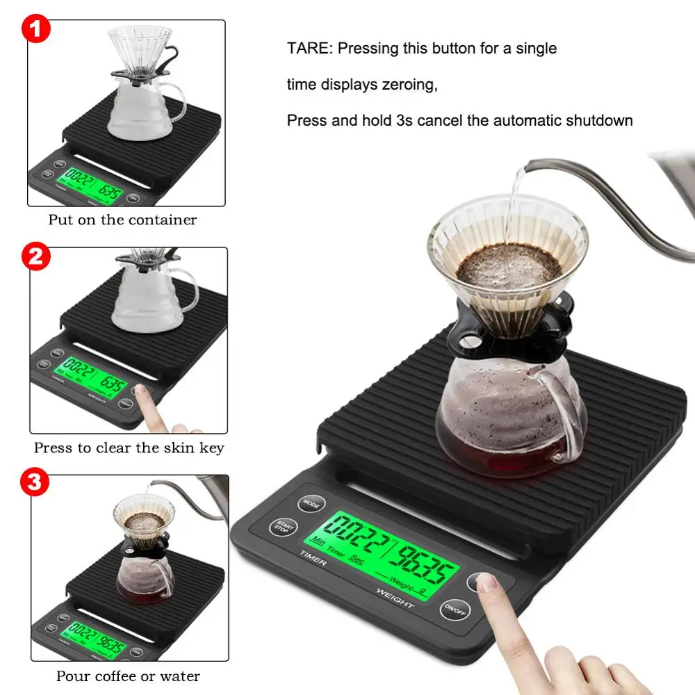 3kg/0.1g Drip Coffee Scale With Timer Portable Electronic Digital Kitchen Scale High Precision LCD Electronic Scales