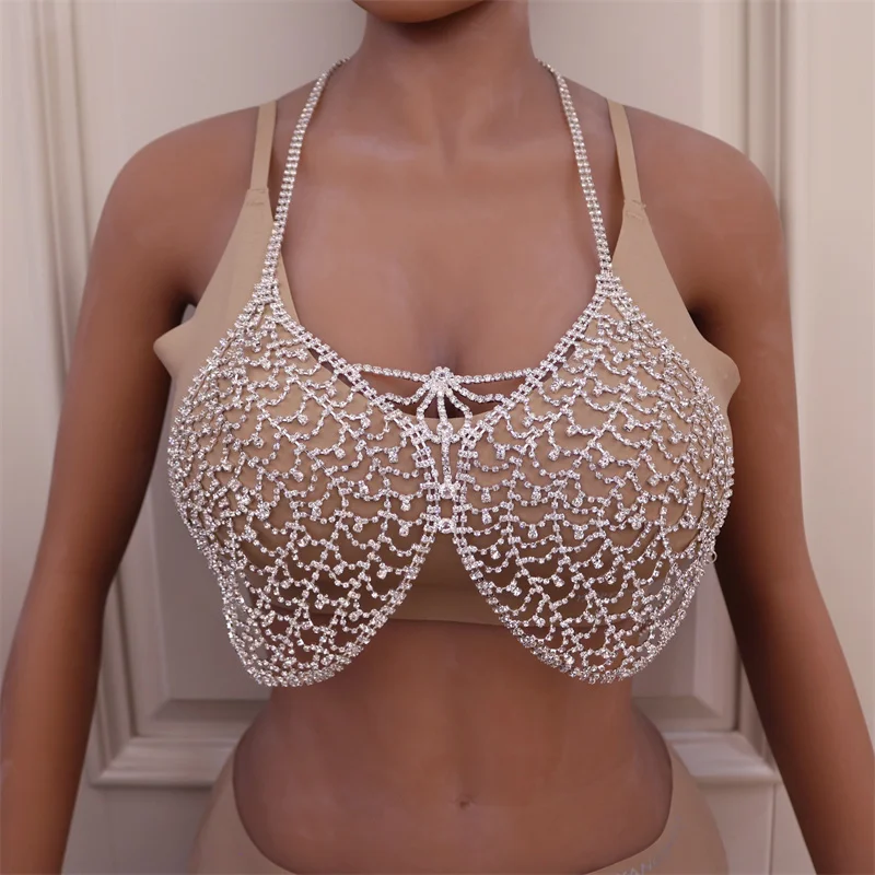 2021 New Sexy Hollow Rhinestone Bra Top Dance Jewelry for Women Girls Body Chain Chest Crystal Bralette Underwear Necklace