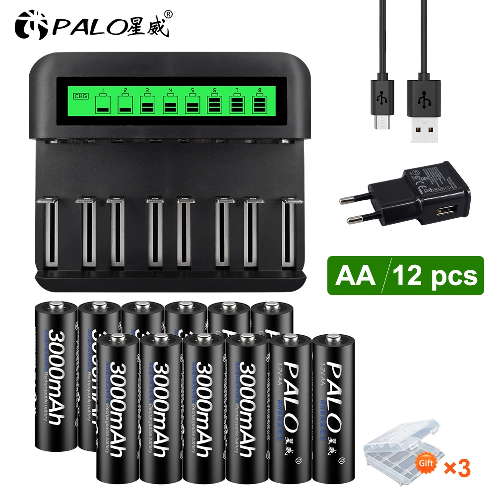 PALO 1.2 V AA akumulatory NI-MH 3000mAh + USB szybki inteligentny wyświetlacz LCD ładowarka do 2A 3A 1.2 V Batteri